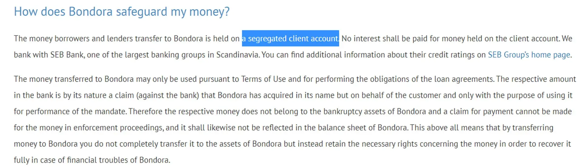 bondora segregated accounts