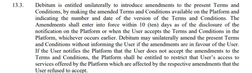 debitum network terms